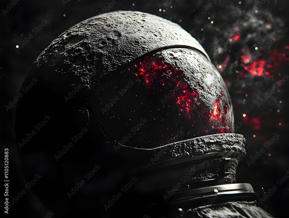 Poster a cosmic astronaut helmet with a starry, red-tinted reflection, evoking space exploration.