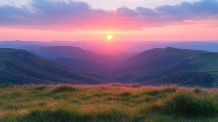 Obraz premium breathtaking sunset over lush green valley with rolling hills and vibrant sky, creating serene and peaceful atmosphere. sun casts warm glow, enhancing natural beauty