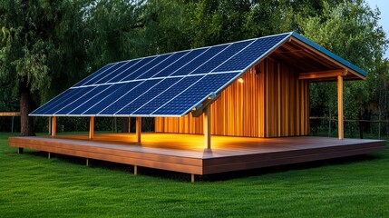 Obraz premium Modern house with solar panels on a green lawn, surrounded by trees.