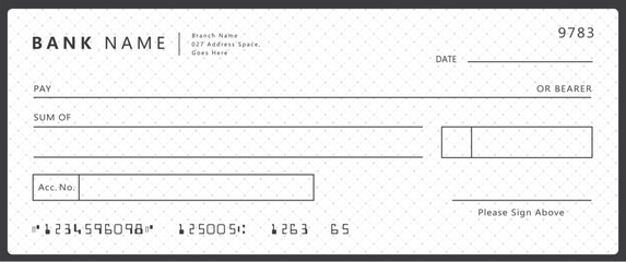 Bank check, vector blank money cheque, checkbook template with guilloche pattern and fields. Currency payment coupon, money check background