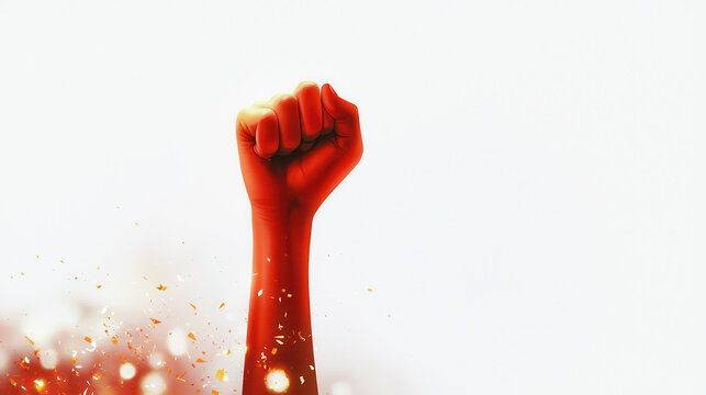 raised red fist symbolizes strength and unity, celebrating spirit of resilience and hope. This powerful image evokes emotions of determination and empowerment