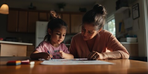 A mother helping her young daughter with math homework at the kitchen table