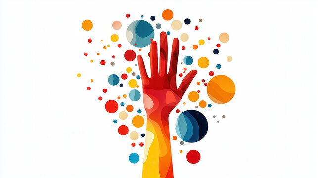 vibrant red hand reaching upward amidst colorful circles symbolizes joy and celebration. This artistic representation evokes sense of happiness and positivity