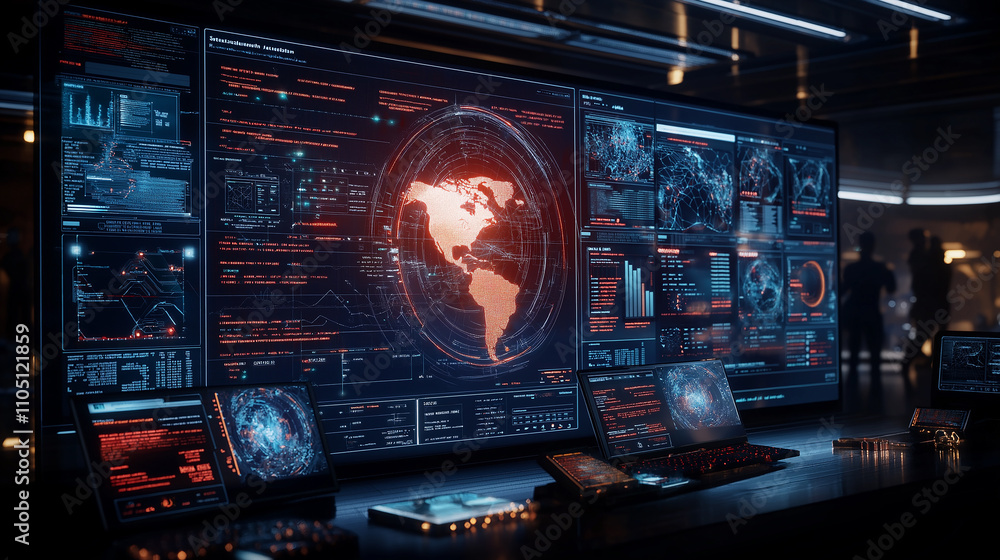 Poster high tech control room with data visualizations and maps