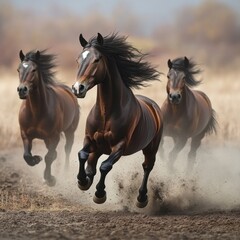 Obraz premium Three majestic horses galloping through a field, creating a cloud of dust in their wake, showcasing their power and grace.