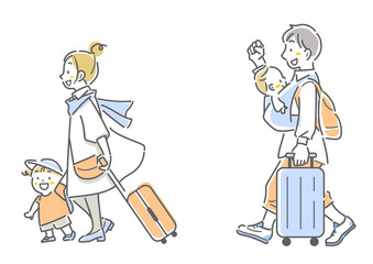 笑顔で旅行へ出発する若い家族　シンプルでお洒落な線画イラスト