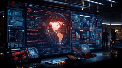high tech control room with data visualizations and maps