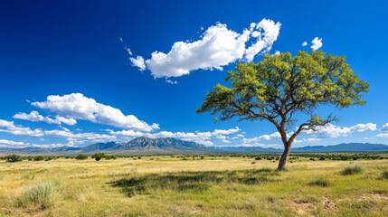 Fototapeta premium solitary tree stands in vast grassy plain under vibrant blue sky with scattered clouds, with distant mountains on horizon. scene evokes sense of tranquility and open space