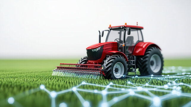 red tractor on green grass with integrated technology for smart agriculture. This setup showcases modern farming techniques and innovation in agricultural practices