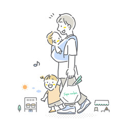 家事・育児をする若い男性　育児休暇　シンプルでお洒落な線画イラスト