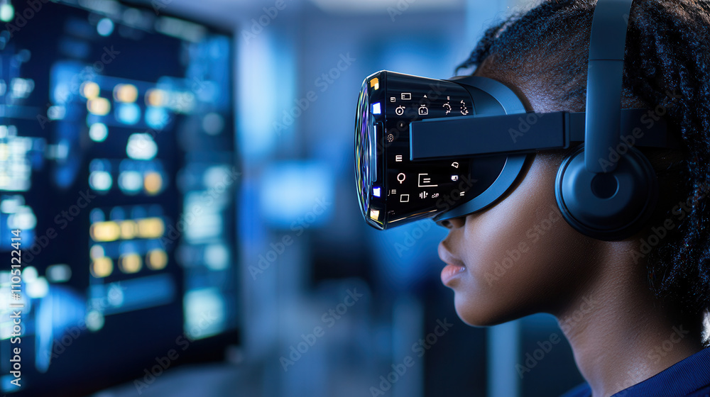 Poster student using virtual reality headset for immersive learning experience, engaged in technology and e