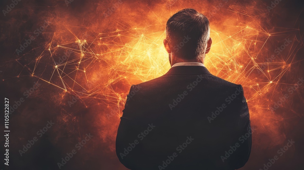 Poster man in suit facing network connections abstract background
