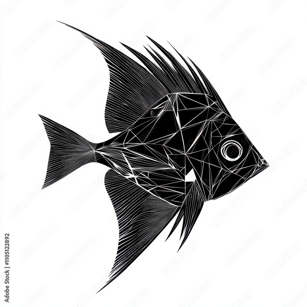 Poster a striking black and white geometric illustration of a fish with sharp fins and angular features.
