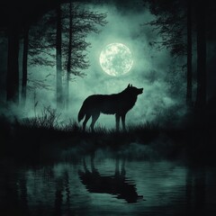 A silhouette of a wolf howling at a full moon amidst a foggy forest, creating a mysterious and enchanting atmosphere.