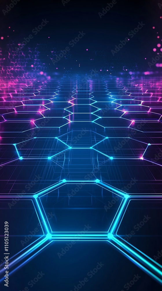 Aufkleber futuristic digital hexagon grid backdrop with neon abstract pattern glowing geometric shapes in blue