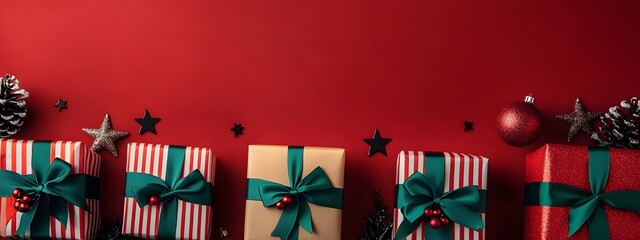 Festive red and green presents adorned with ribbons, surrounded by Christmas ornaments on a vibrant red backdrop, conveying a joyful holiday spirit,


