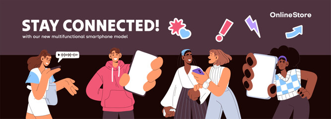 Design of advertising banner with people holding smartphones, communicate online. Characters with telephones, cellphones surfing the Internet. Man, woman show phone screen. Flat vector illustration