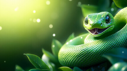 Fototapeta premium Playful green snake illustration, perfect for Christmas and New Year 2025 designs, capturing a whimsical spirit with vibrant greens and ample copy space.
