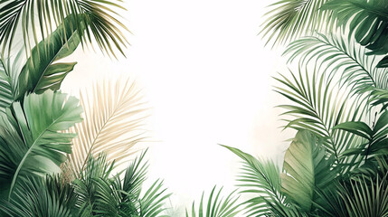 Watercolor-style aerial view of tropical foliage creating a serene, tranquil atmosphere, ideal for nature-themed design, relaxation spaces, or wellness projects.