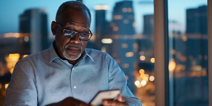 A wide-angle shot of a middle-aged man seated at a desk and thoughtfully looking at his smartphone