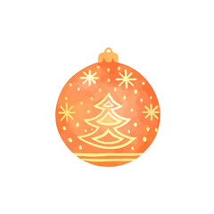 Orange Christmas ball. Watercolor illustration, postcard.