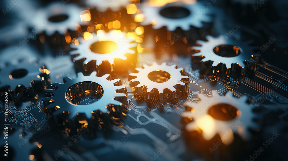 Poster digital representation of interconnected gears with metallic finish, showcasing intricate details an