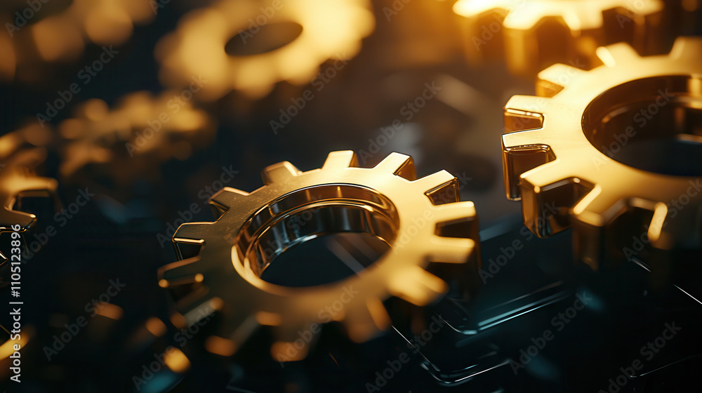 Poster Digital representation of interconnected gears showcasing intricate design and metallic shine. gears symbolize precision and engineering excellence