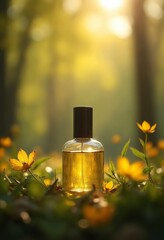 Perfume Bottle in Spring Forest with Sunlit Leaves