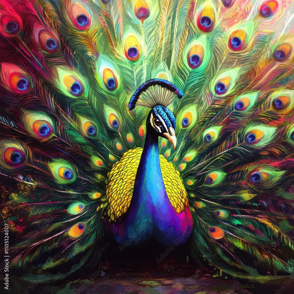 Poster a vibrant peacock displays its stunning plumage, showcasing an array of colorful feathers in a mesme