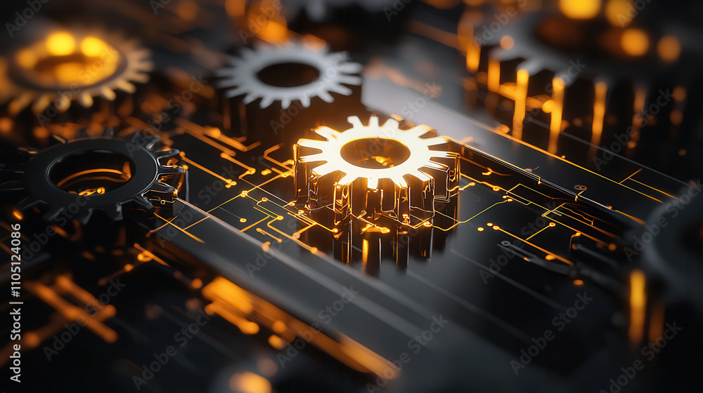 Poster digital representation of interconnected gears with glowing circuits, showcasing blend of technology