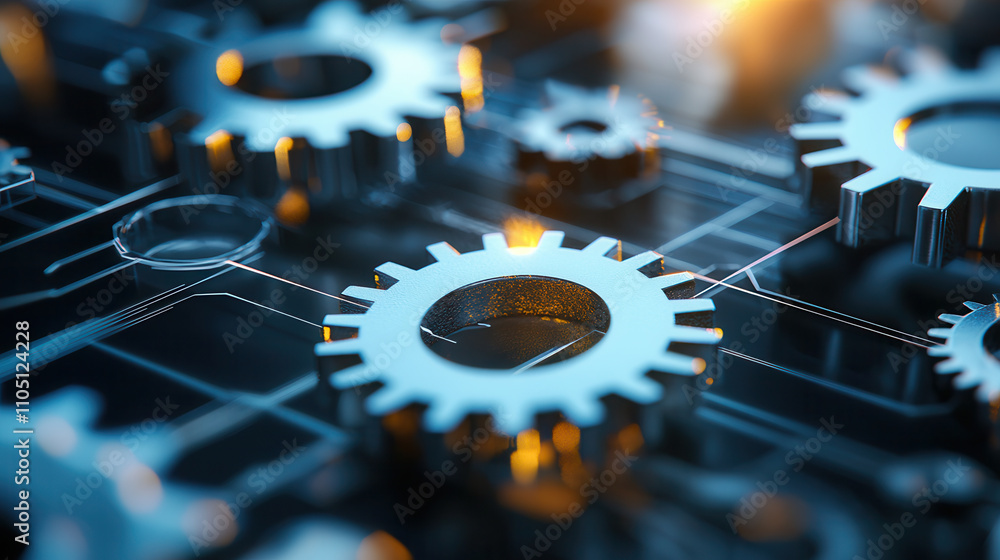 Poster digital representation of interconnected gears showcasing intricate design and technology. metallic 