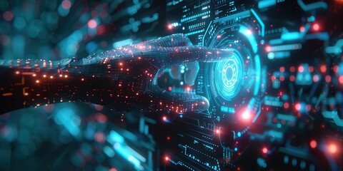Digital Hand Interacting With Futuristic Interface