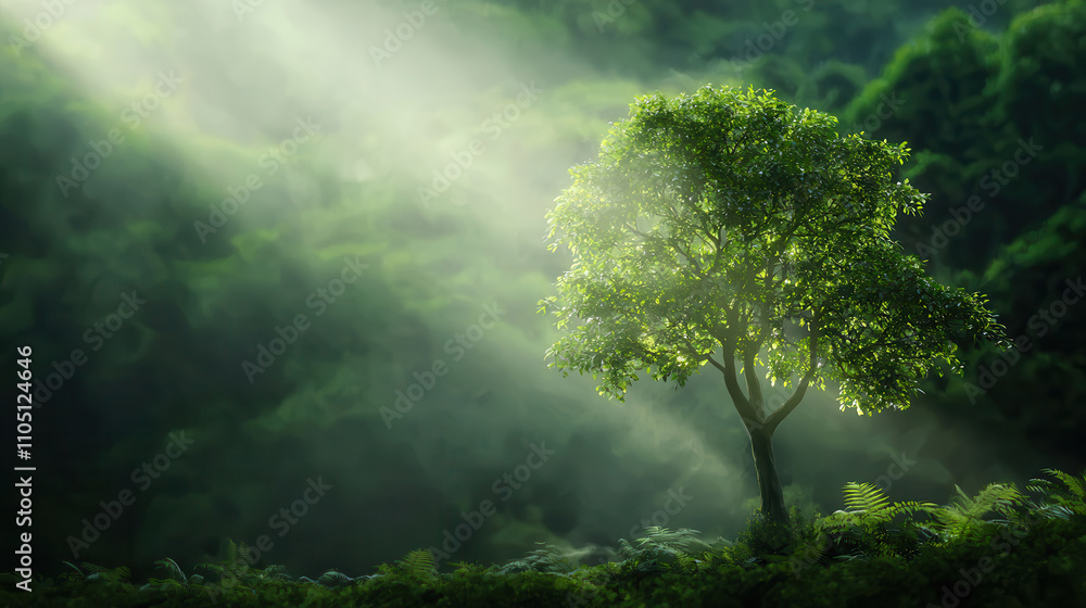 Poster majestic tree stands alone in lush green landscape, illuminated by soft rays of light filtering thro