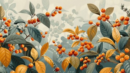 Lush autumnal foliage with orange berries and teal leaves.