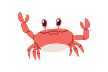 Cute crab with greeting claws and happy face. Adorable funny marine animal. Kawaii smiling baby character, tropical underwater crayfish. Flat vector illustration isolated on white background