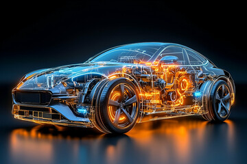 Fototapeta premium A futuristic, transparent car design showcases intricate internal components illuminated with glowing circuitry.