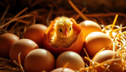 Close-up of a newborn chick hatching from an eggshell