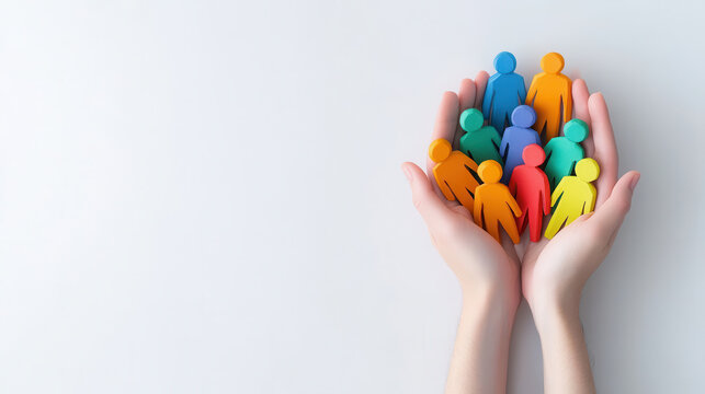 Hands holding colorful paper figures symbolizing community support and unity. This conveys sense of togetherness and care for others