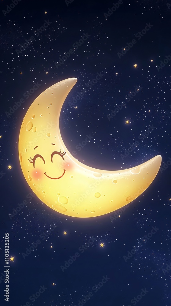 Aufkleber smiling crescent moon with a playful expression floating amongst a sea of twinkling stars in a capti