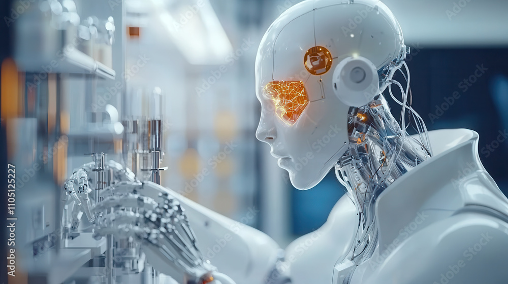 Poster high tech humanoid robot in sleek futuristic lab, interacting with advanced technology, showcasing i