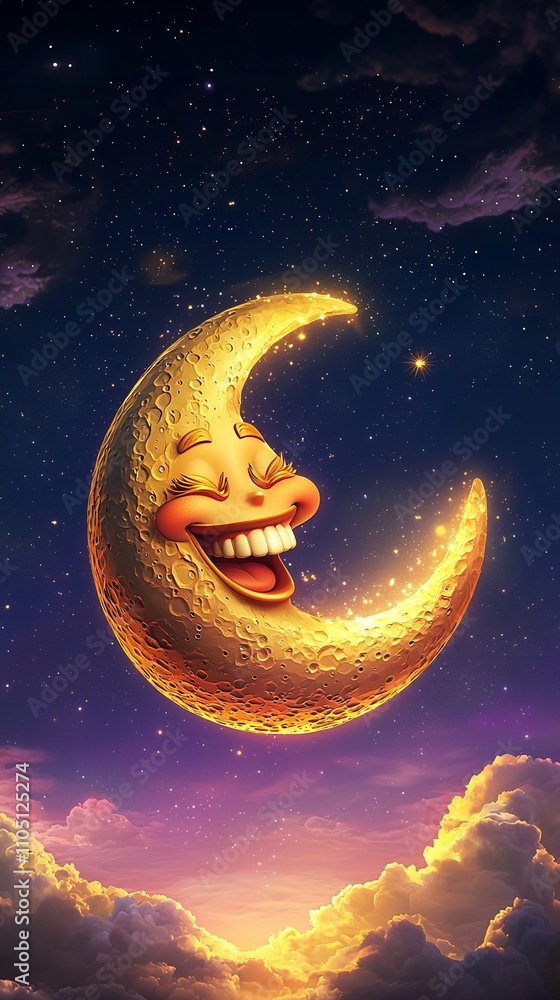 Aufkleber smiling crescent moon with a cheerful expression floating in a starry night sky surrounded by glowin