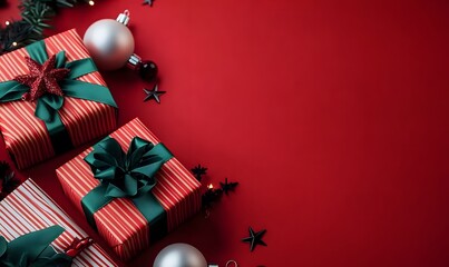 Festive red and green presents adorned with ribbons, surrounded by Christmas ornaments on a vibrant red backdrop, conveying a joyful holiday spirit,


