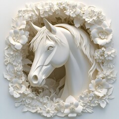 An elegant white horse head surrounded by intricately crafted floral details, exuding a serene and delicate ambiance.