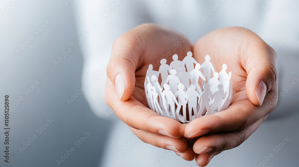 Poster creating supportive community with paper cutout figures held in hands symbolizes unity and care. thi