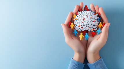 Hands holding brain made of puzzle pieces surrounded by colorful figures, symbolizing community and connection