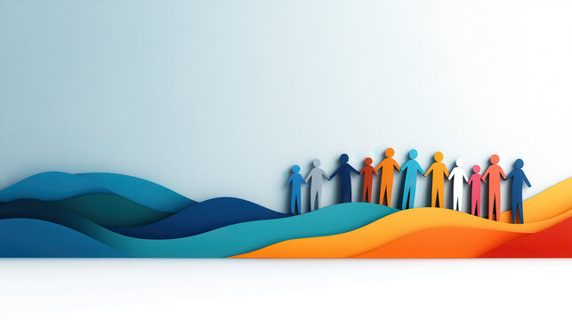 Colorful paper figures standing together on wavy backgrounds symbolize unity and diversity. This illustration captures sense of community and togetherness