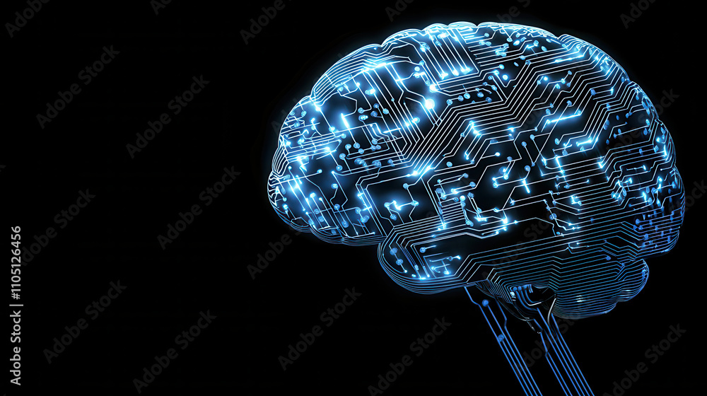 Poster glowing brain illustration with circuits, representing minimalistic ai design. intricate patterns an