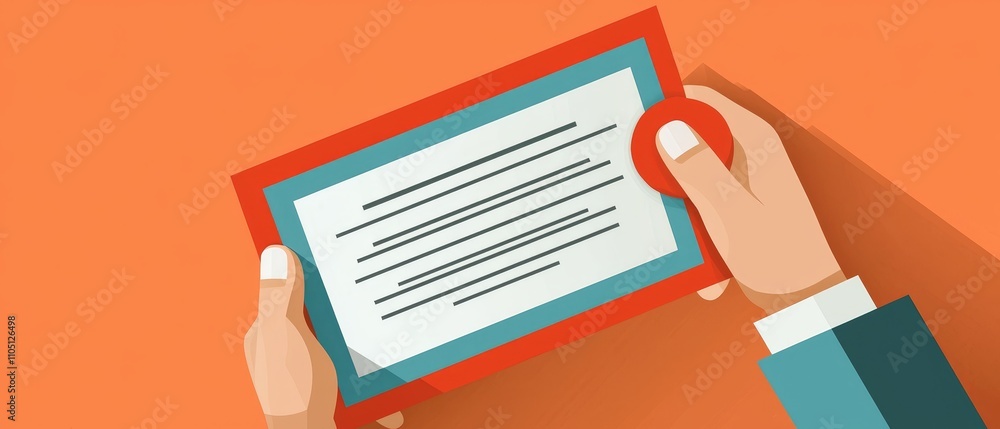 Poster hands holding certificate with orange background and document style
