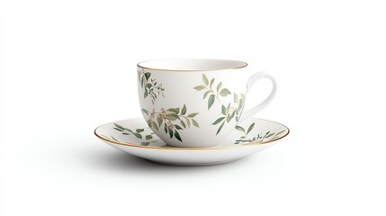A delicate porcelain teacup with a floral design, accompanied by a matching saucer, showcasing elegance and simplicity.