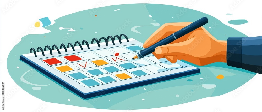 Poster hand writing on a calendar with colorful notes and checkmarks